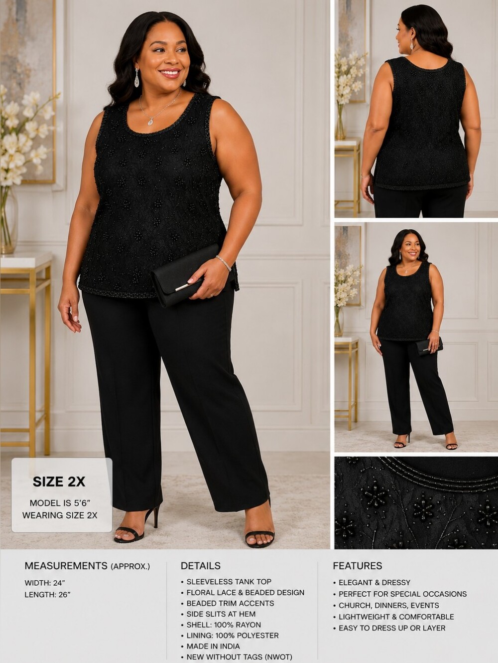 Vintage Cervelle Beaded Lace Tank Top Plus Size 2X Black Evening Formal Top